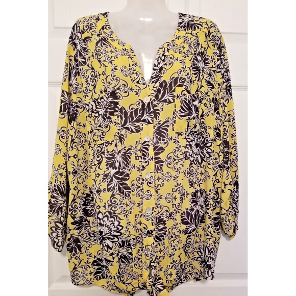 Ruby Rd. Women's Blouse Top Size 1X Floral Button Roll Tab Sleeve Front Tie - Picture 1 of 5